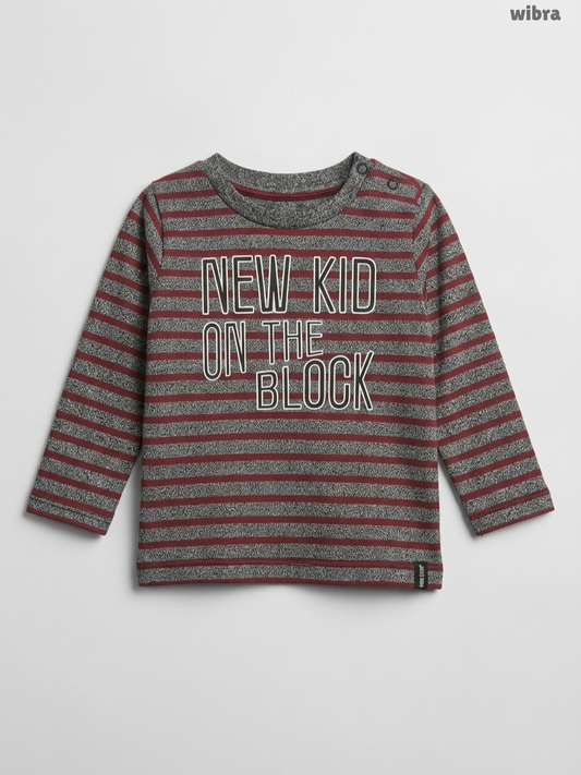 Wibra Kids Long-Sleeve "New Kid on the Block" Striped T-Shirt – Grey & Maroon