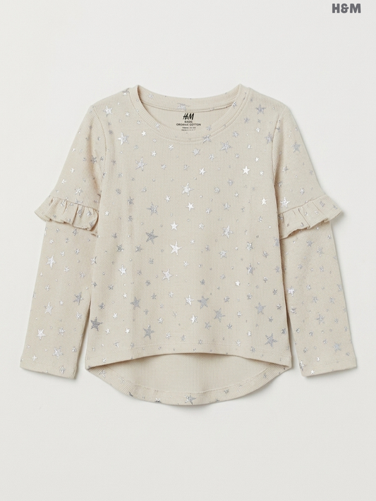 H&M Kids Long-Sleeve Star-Print Waffle Ruffle Top – Cream & Silver