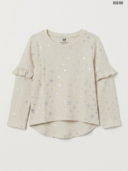 H&M Kids Long-Sleeve Star-Print Waffle Ruffle Top – Cream & Silver