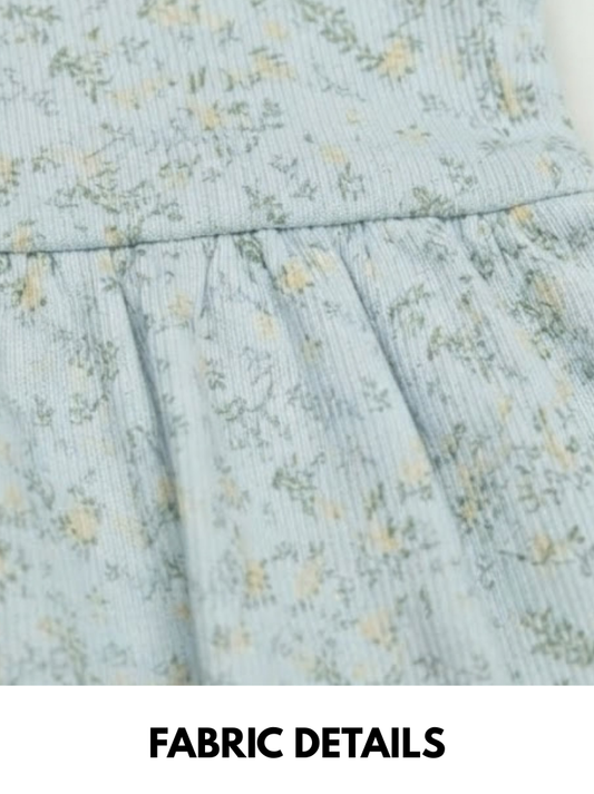 Girls Light Blue Floral Print Casual Dress with Ruffle Cap Sleeves