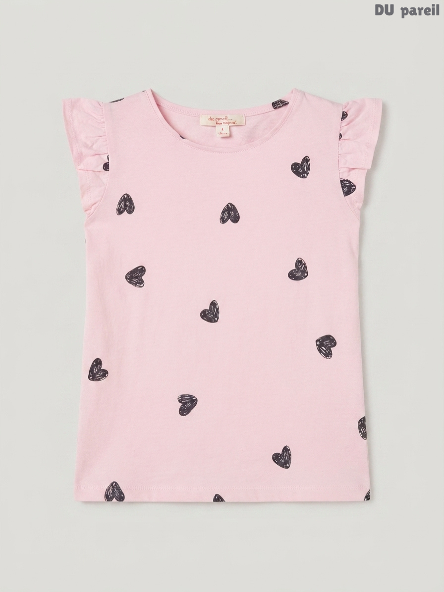 Girls Pink Heart Print T-Shirt | Du pareil... au même Ruffle Sleeve Top