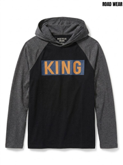 RoadWear Boys Charcoal Grey & Black Raglan Long-Sleeve Hooded T-Shirt with KING Graphic| SM GARMENTS