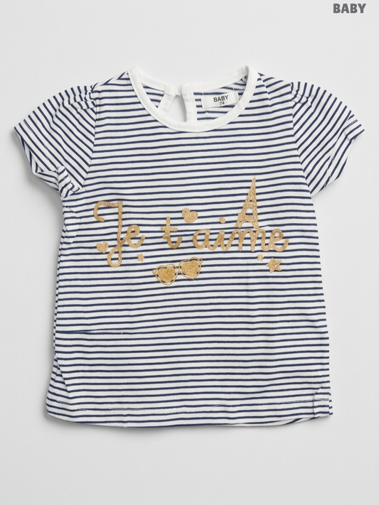 BABY Kids Short-Sleeve "Je t'aime" Striped T-Shirt – White & Navy Blue