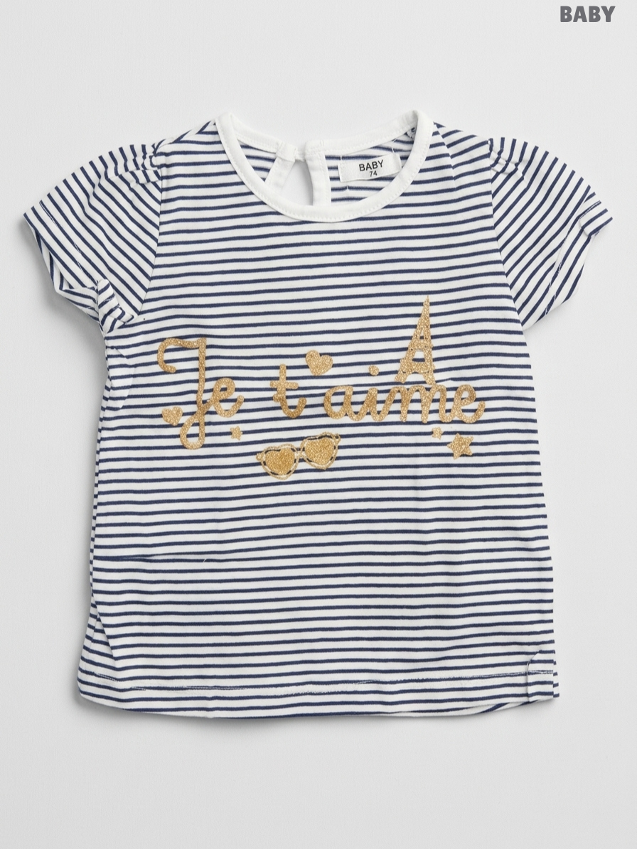 BABY Kids Short-Sleeve "Je t'aime" Striped T-Shirt – White & Navy Blue