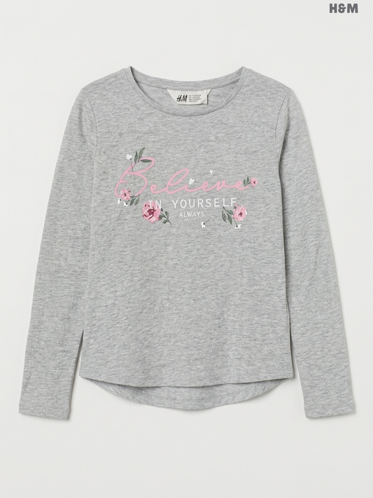 H&M Kids Long-Sleeve "Believe In Yourself" Graphic Top – Grey