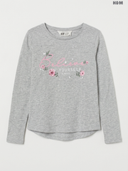 H&M Kids Long-Sleeve "Believe In Yourself" Graphic Top – Grey