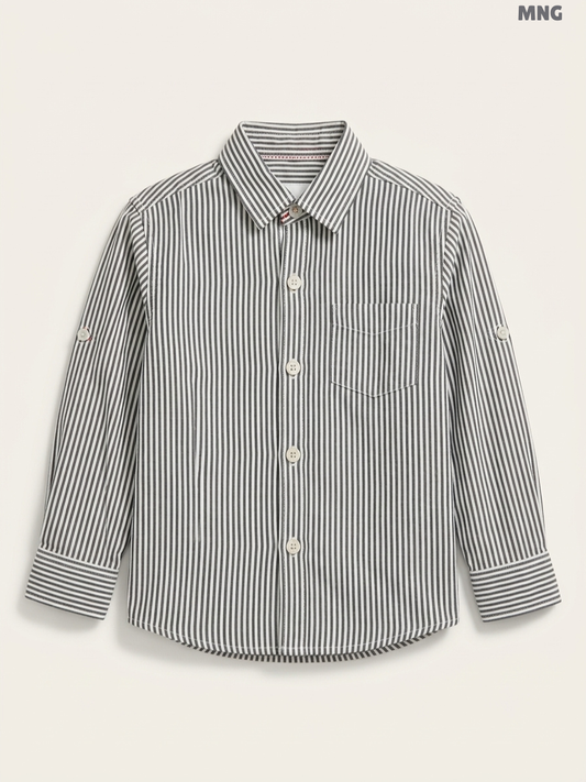 MNG Kids Long-Sleeve Striped Button-Down Shirt – Grey & White