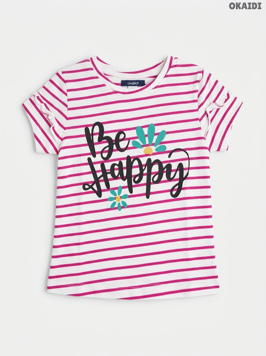 Okaïdi Kids Short-Sleeve "Be Happy" Striped T-Shirt – White & Pink