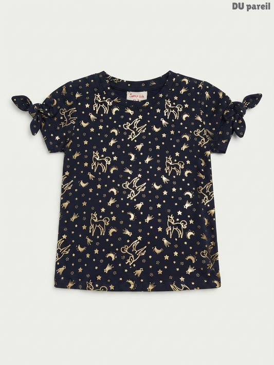 Girls' Unicorn & Celestial T-Shirt | Gold Foil Navy Top