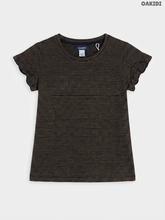 Girls Striped T-Shirt | Okaïdi Gold Stripe Ruffle Sleeve Top