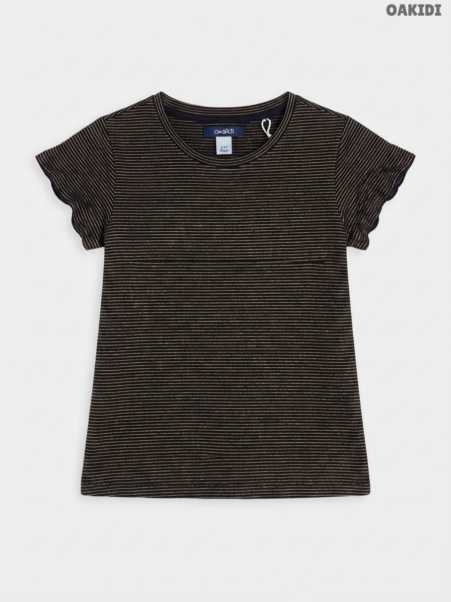 Girls Striped T-Shirt | Okaïdi Gold Stripe Ruffle Sleeve Top