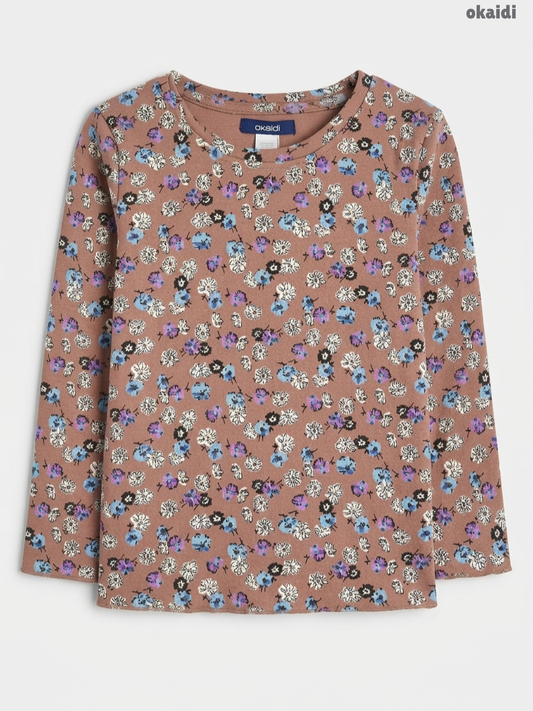 Okaïdi Girls' Floral Ribbed Long-Sleeve Top