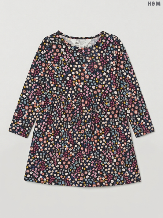 H&M Girls' Dark Ditsy Floral Jersey Long-Sleeve Dress