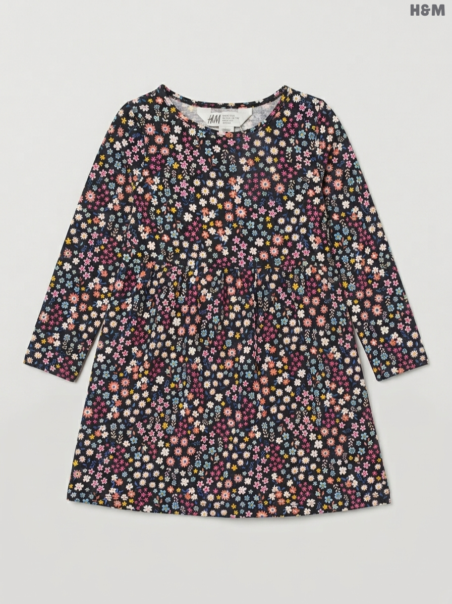 H&M Girls' Dark Ditsy Floral Jersey Long-Sleeve Dress