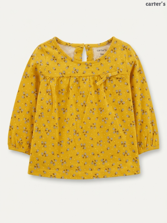 Carter's Baby Girls' Mustard Floral Bow-Detail Long-Sleeve Top