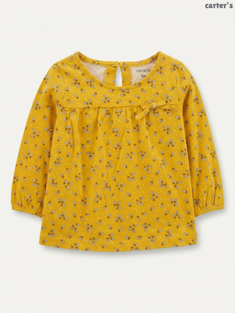 Carter's Baby Girls' Mustard Floral Bow-Detail Long-Sleeve Top