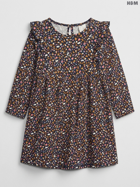 H&M Girls' Dark Floral Ruffle-Trimmed Long-Sleeve Dress