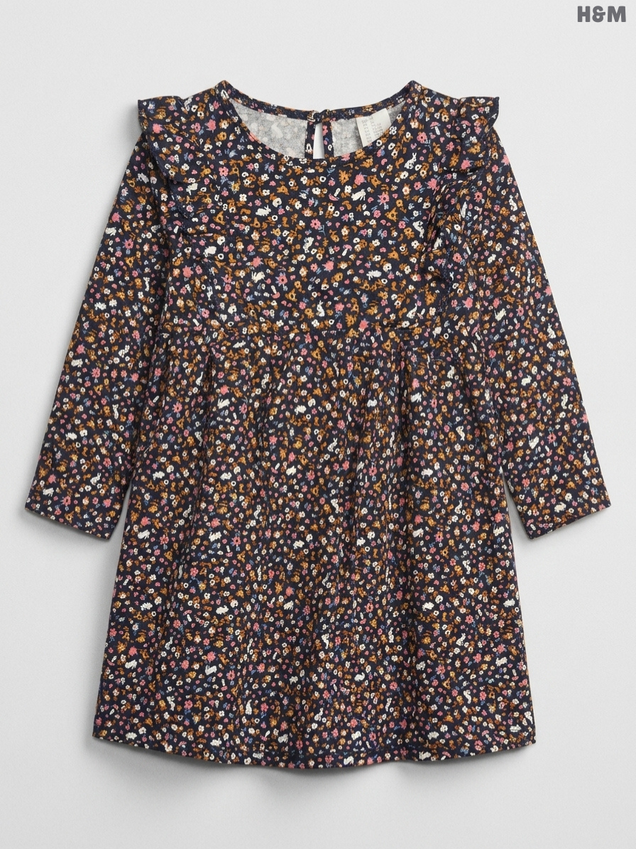 H&M Girls' Dark Floral Ruffle-Trimmed Long-Sleeve Dress
