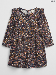 H&M Girls' Dark Floral Ruffle-Trimmed Long-Sleeve Dress