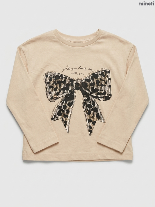 Minoti Girls' Beige Leopard Print Bow Graphic Long-Sleeve Top