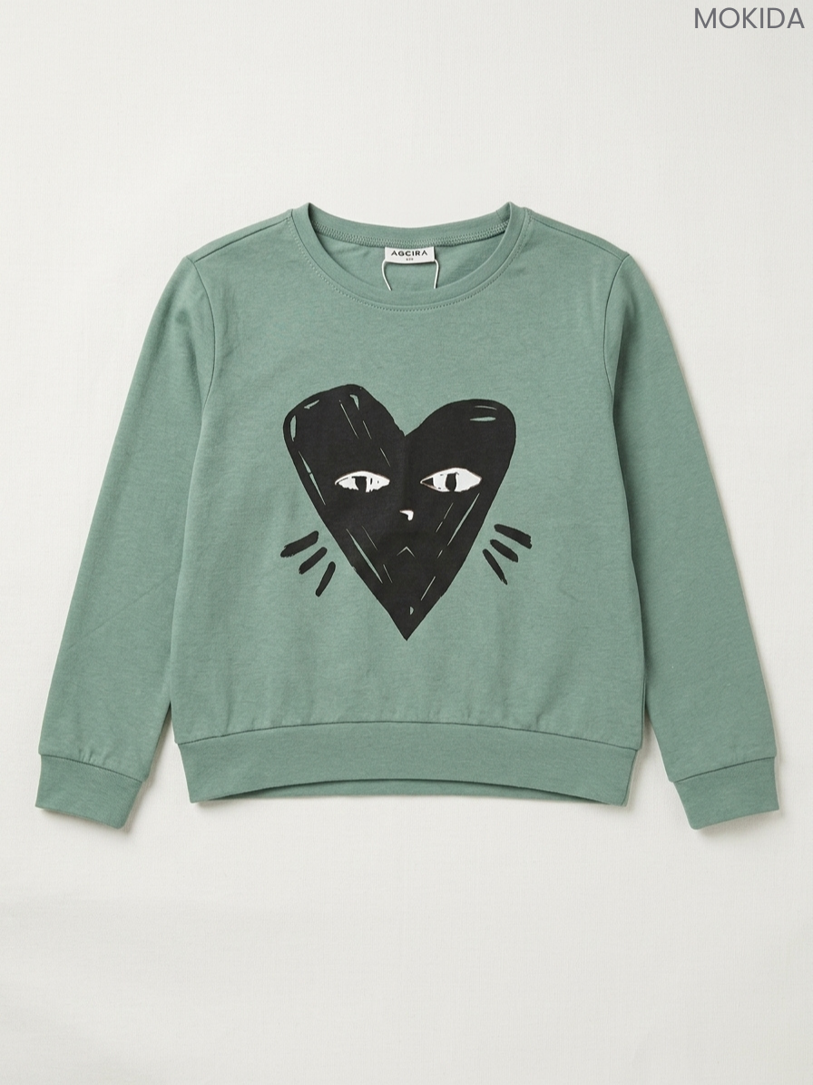 Mokida Kids' Sage Green Heart Graphic Long-Sleeve Sweatshirt