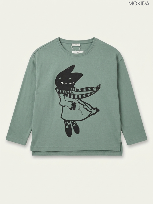 Mokida Kids' Sage Green Cat Character Long-Sleeve Top