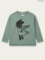 Mokida Kids' Sage Green Cat Character Long-Sleeve Top
