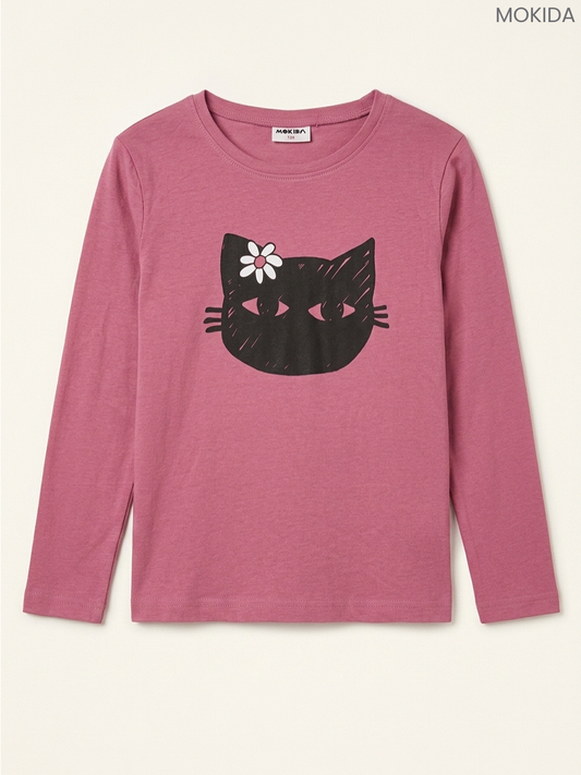 Mokida Kids' Dusty Rose Cat Graphic Long-Sleeve Top