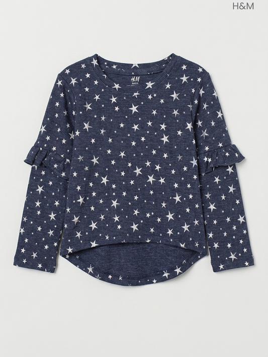 H&M Kids' Navy Blue Star Print Ruffle-Sleeve Top