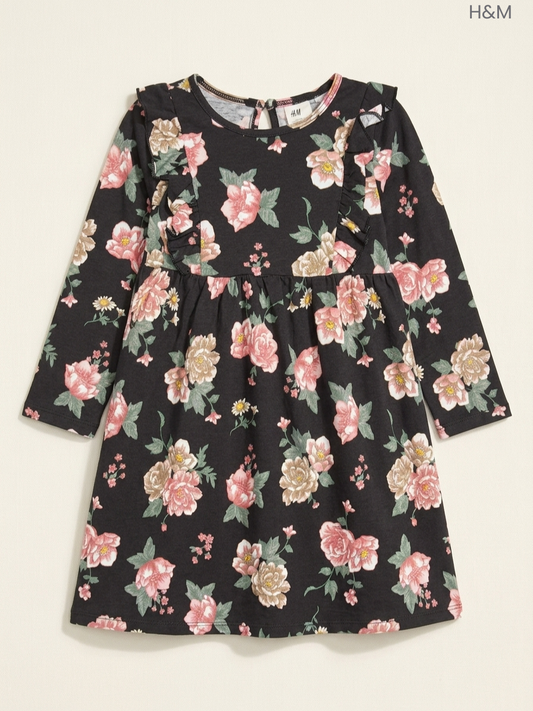 H&M Girls' Black Floral Print Ruffle-Trimmed Dress