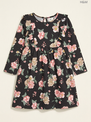 H&M Girls' Black Floral Print Ruffle-Trimmed Dress