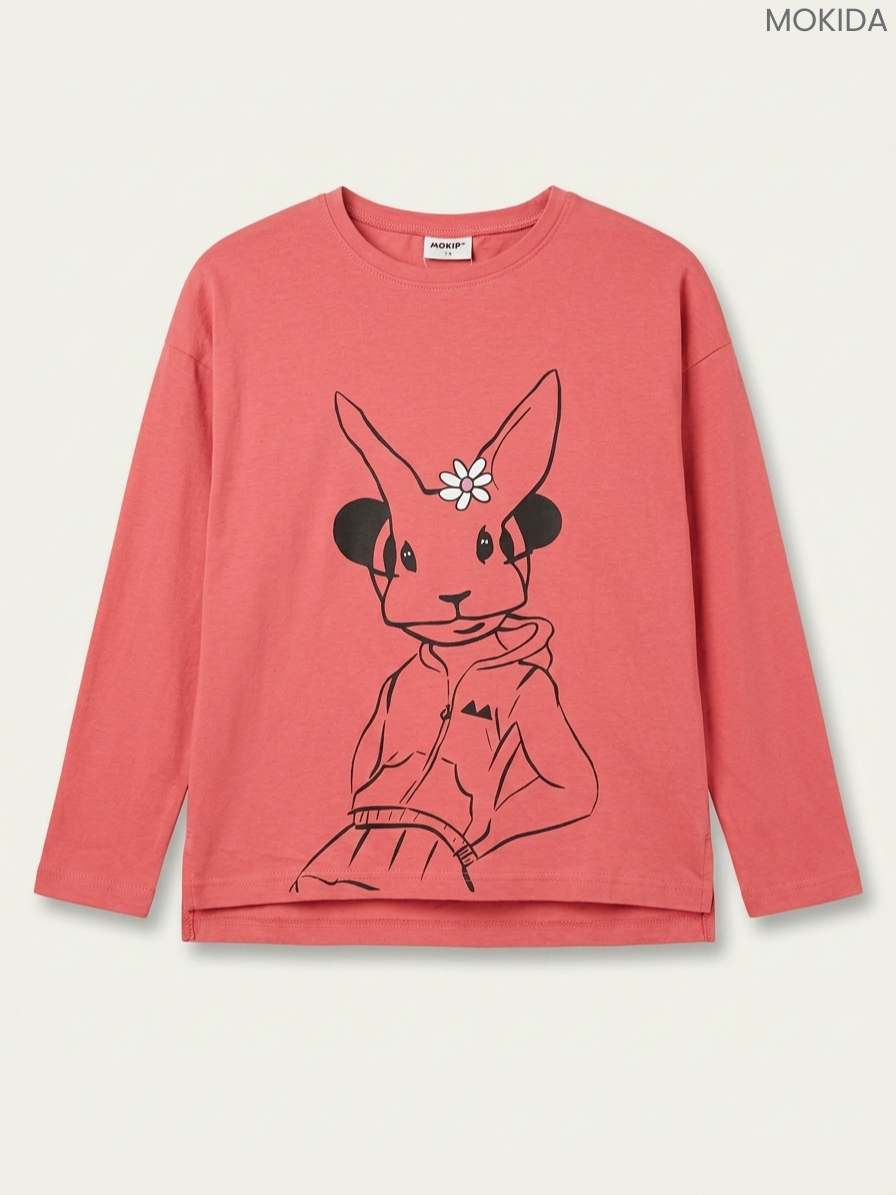 Mokida Kids' Coral Pink Bunny Character Long-Sleeve Top
