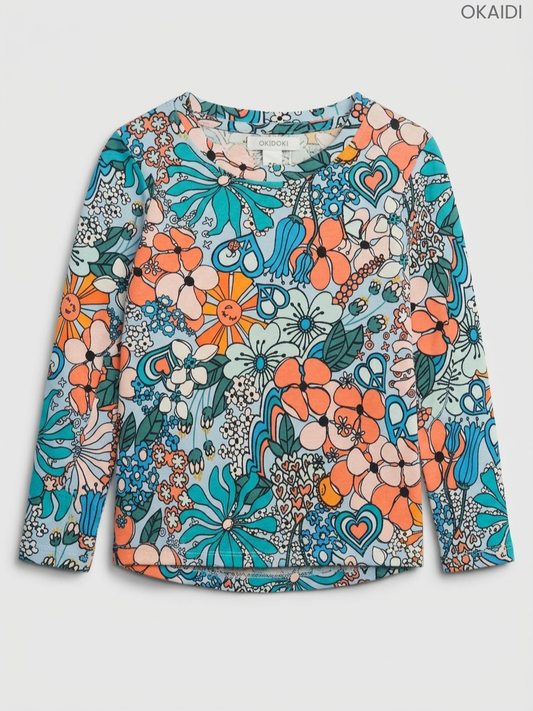 OKIDOKI Kids' Blue Retro Floral & Heart Print Long-Sleeve Top