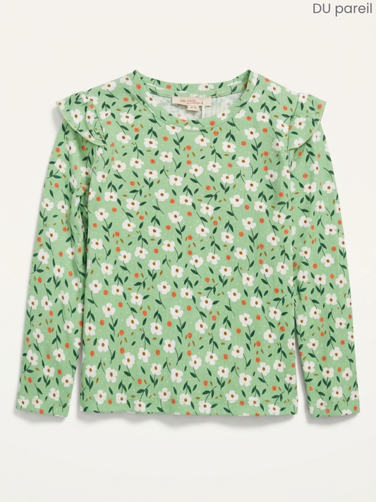 DU Pareil Kids' Mint Green Daisy Floral Ruffle-Sleeve Top