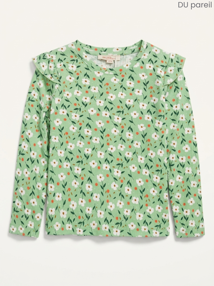 DU Pareil Kids' Mint Green Daisy Floral Ruffle-Sleeve Top