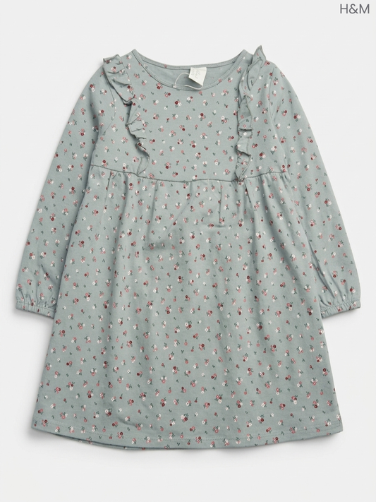H&M Girls' Sage Green Ditsy Floral Ruffle-Trimmed Dress