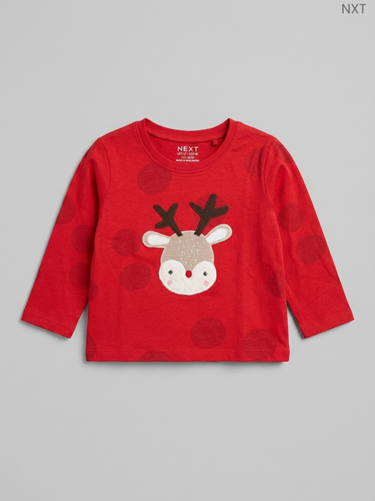 NEXT Kids' Red Reindeer Appliqué Long-Sleeve Top