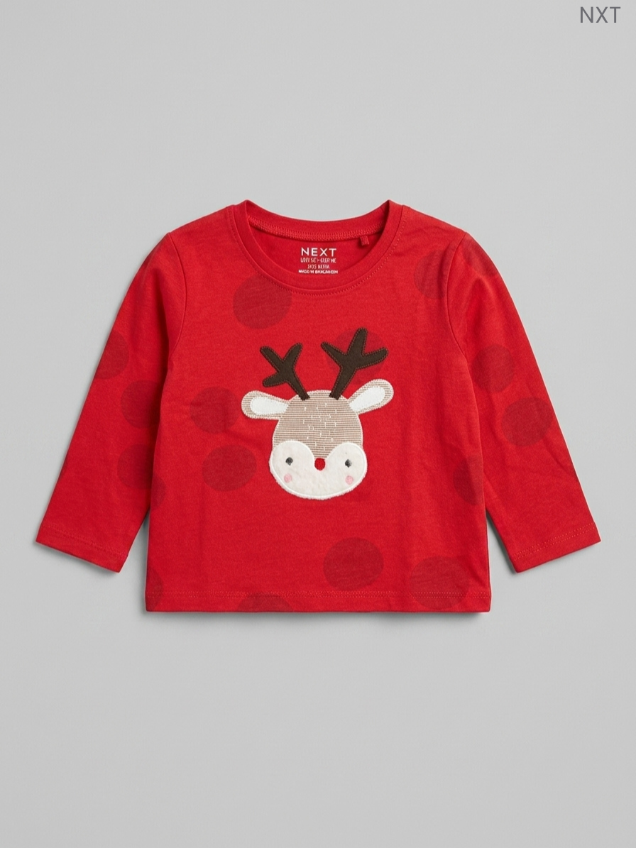 NEXT Kids' Red Reindeer Appliqué Long-Sleeve Top