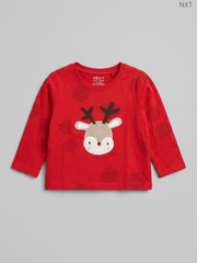 NEXT Kids' Red Reindeer Appliqué Long-Sleeve Top