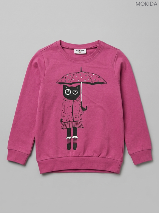 Mokida Kids' Magenta Pink Cat with Umbrella Sweatshirt