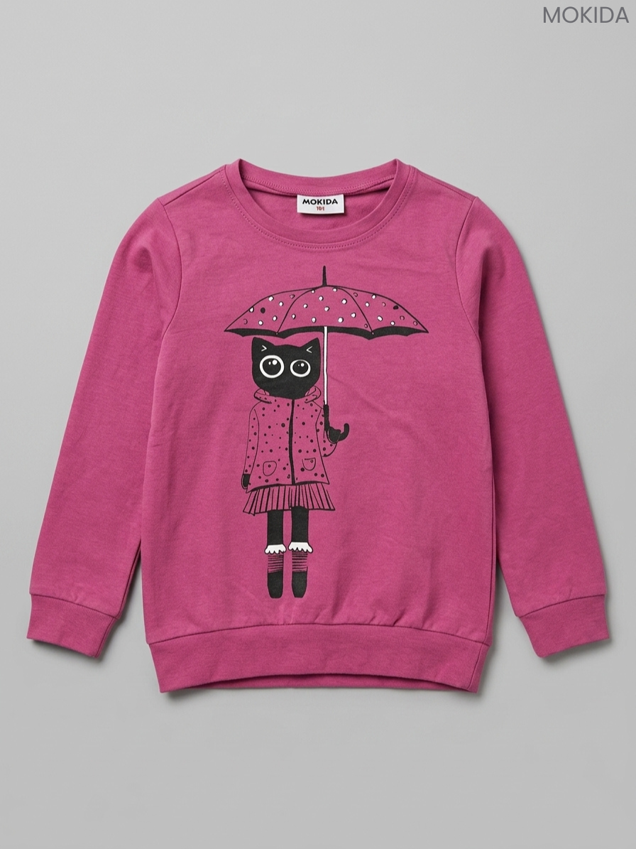 Mokida Kids' Magenta Pink Cat with Umbrella Sweatshirt