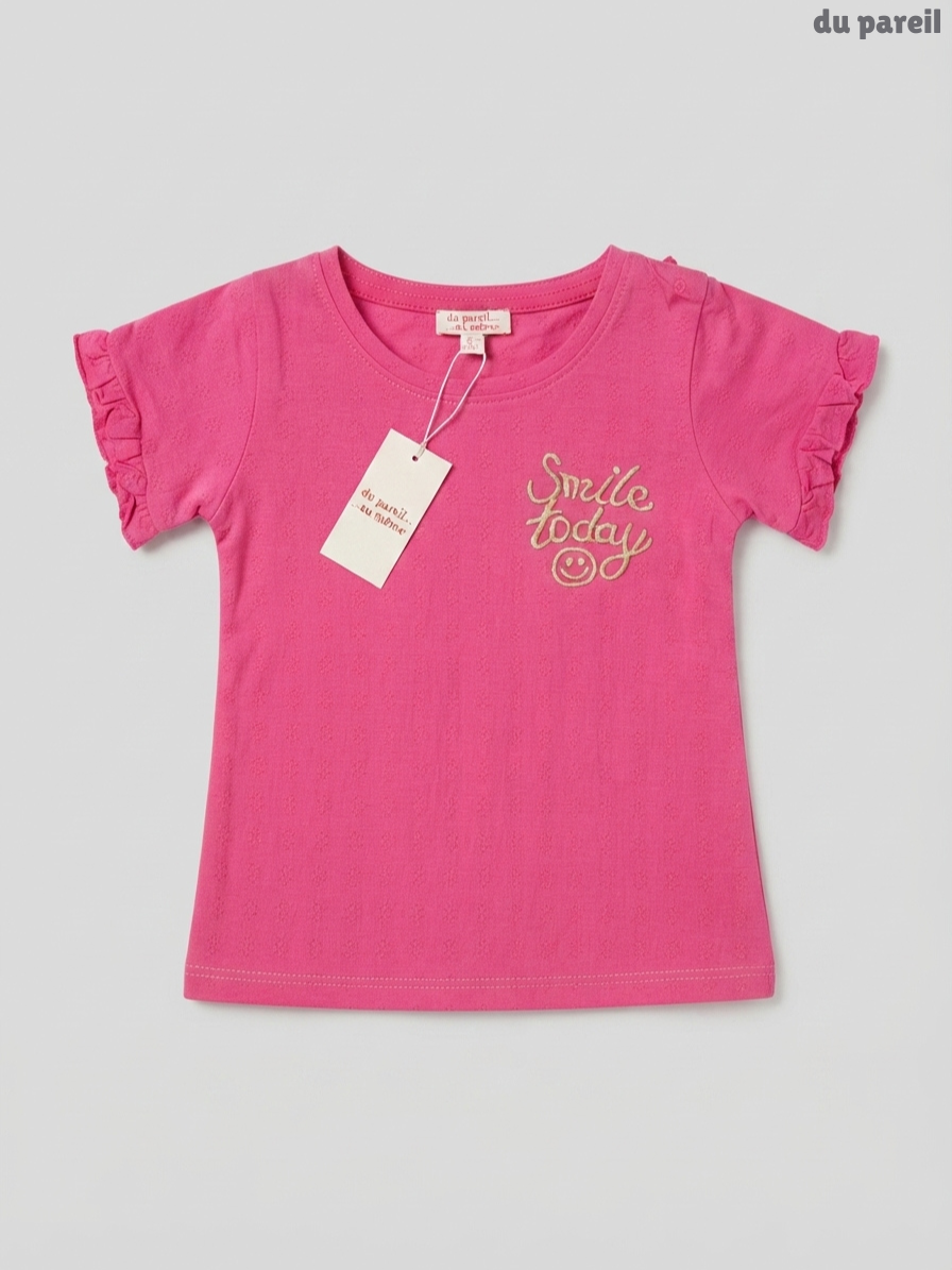 Du pareil au même Girls' Pink T-Shirt | "Smile Today" Ruffle Top