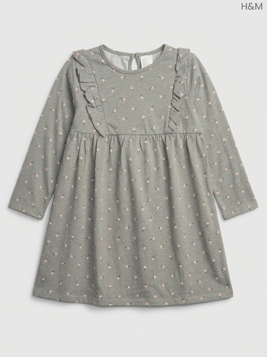 H&M Girls' Grey Ditsy Floral Ruffle-Trimmed Dress