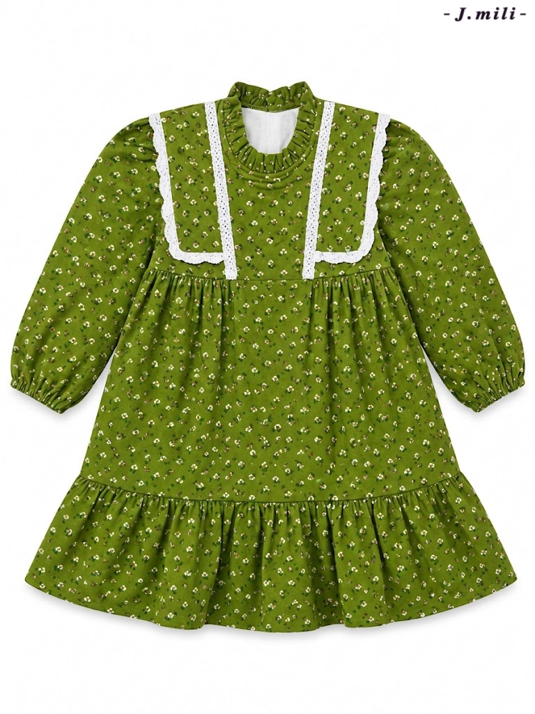 J.mili Girls Olive Green Floral Vintage Dress with Lace Trim| SM GARMENTS