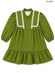 J.mili Girls Olive Green Floral Vintage Dress with Lace Trim| SM GARMENTS