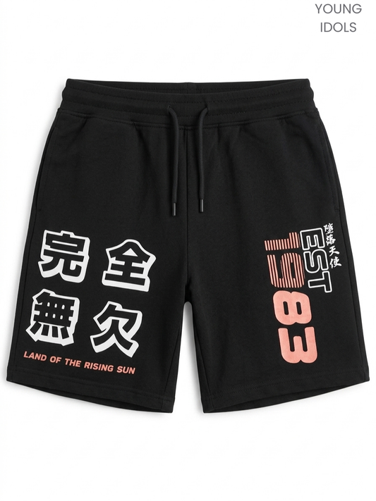YOUNG IDOLS Kids' Black Graphic Shorts | Japanese Printed Sweat Shorts