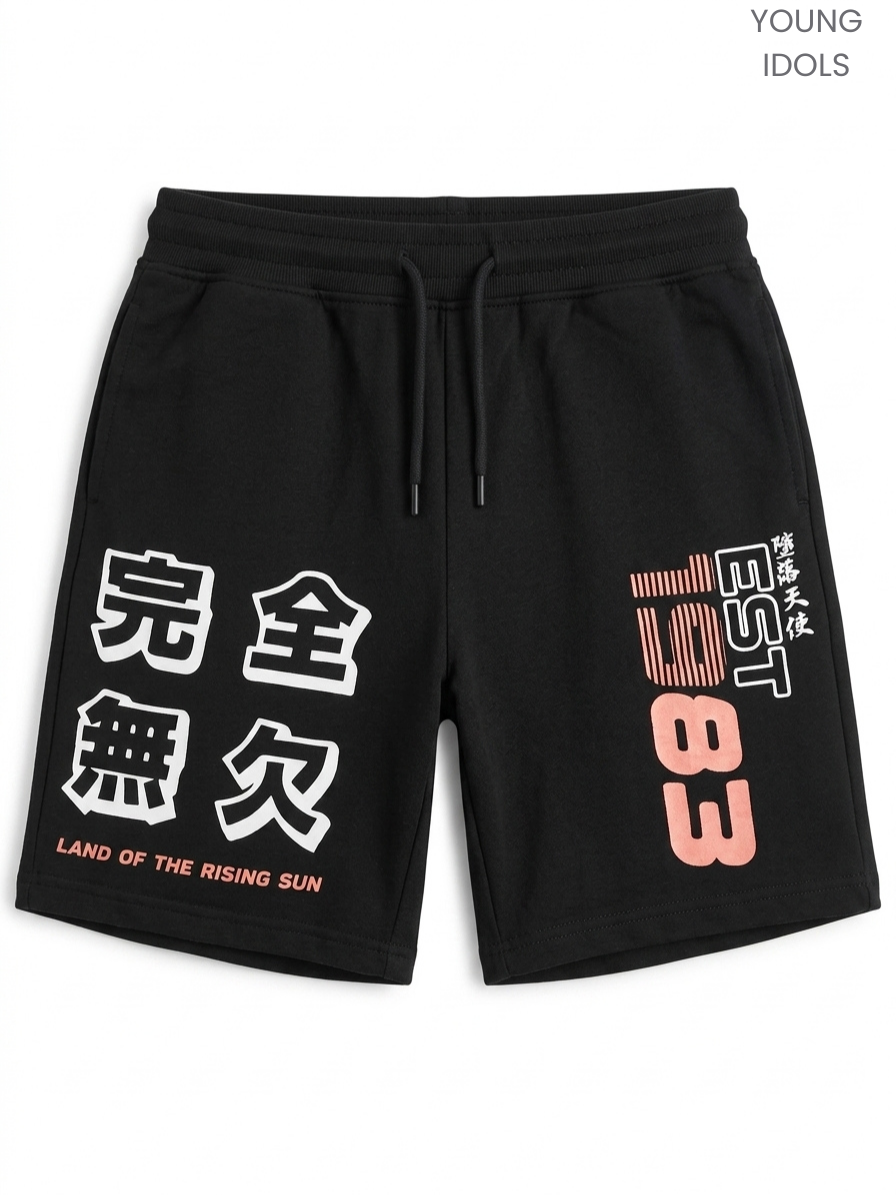 YOUNG IDOLS Kids' Black Graphic Shorts | Japanese Printed Sweat Shorts