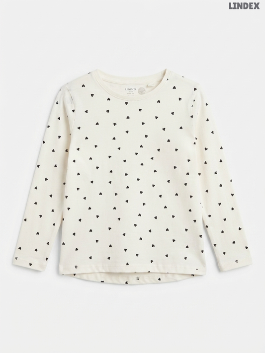 Lindex Kids Long-Sleeve Heart-Print Top – Off-White & Black