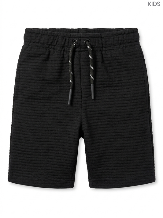 Kids' Black Textured Ribbed Shorts | Drawstring Casual Sweat Shorts