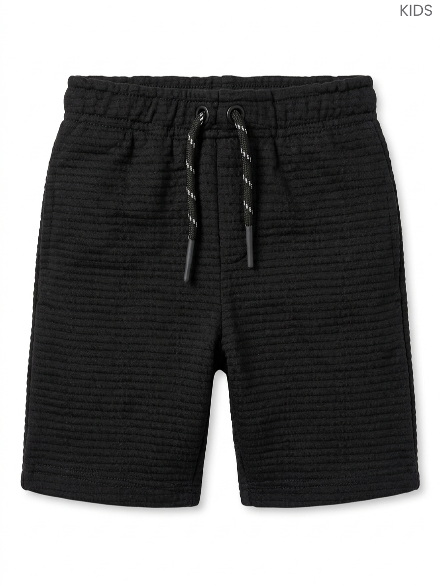 Kids' Black Textured Ribbed Shorts | Drawstring Casual Sweat Shorts